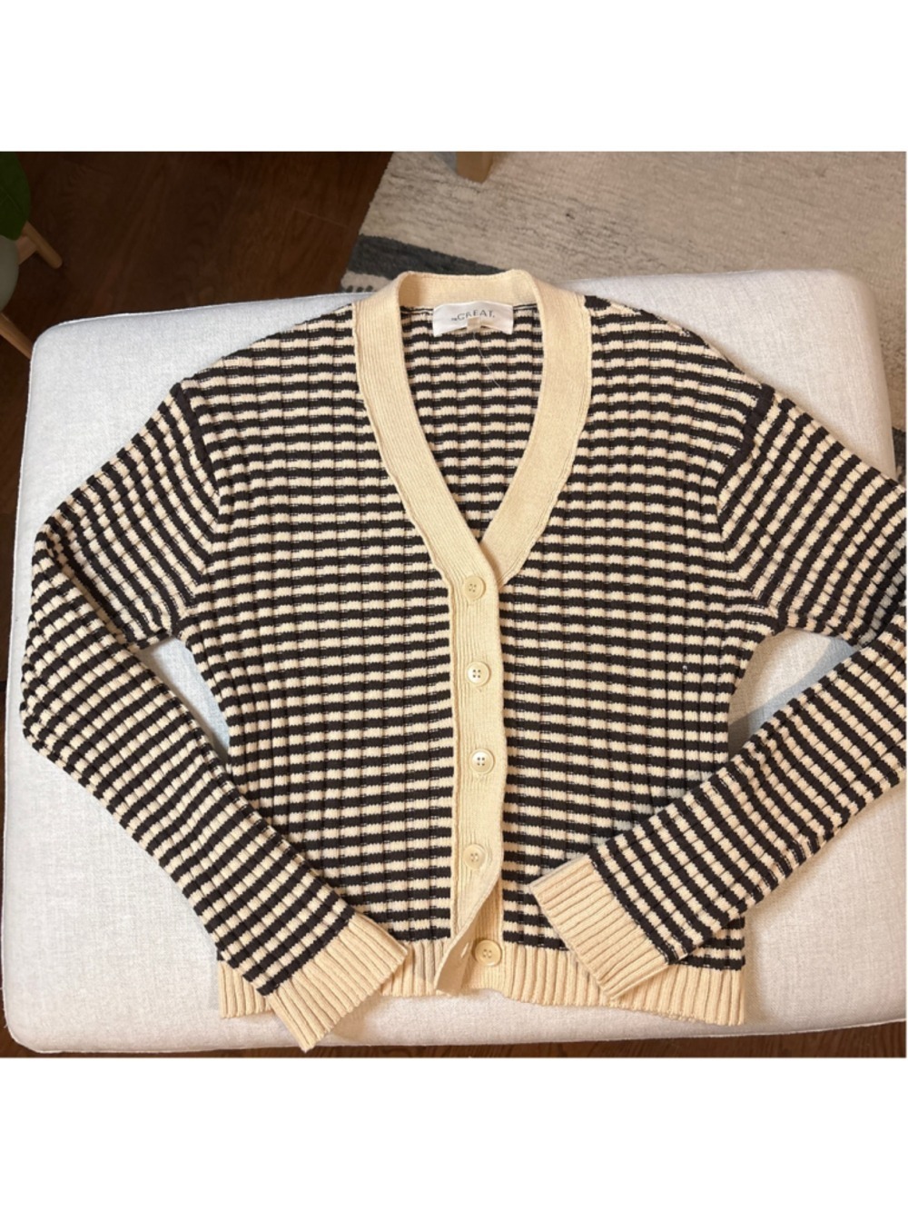 THE GREAT. Mini Striped Cardigan Woodsmoke Cream Size 0  “Very Good Pre-Owned Co - Picture 4 of 8